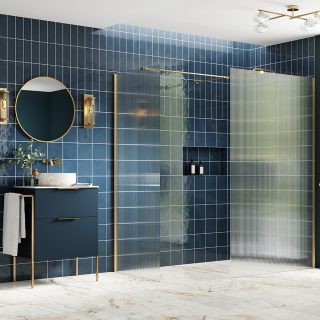 Brushed Brass Wetroom Panel & Side Panel Arm Iconix Fluted Wetroom Panel & Support Bar
